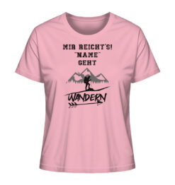 Rosafarbenes Mir reichts ich geh Wandern personalisiertes Berg Shirt fürs Wandern, die Berge und Bergfreunde mit lustigem Berg Spruch. Ein tolles Berg Geschenk mit Namen für die Bergtour, Bergfans und Bergliebhaber. Nachhaltige Berg Geschenke und personalisierte Damen Berg T-Shirts mit Namen hier bestellen.