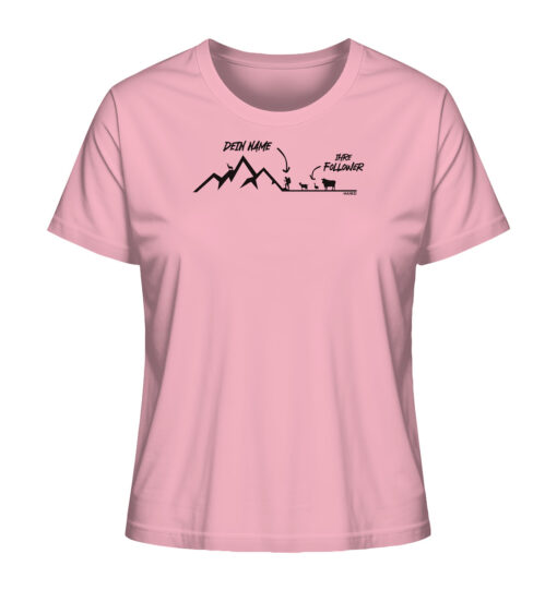 Rosa Bio Meine Follower personalisiertes Damen Berg Shirt fürs Wandern, die Berge und Bergfreunde. Ein tolles Berg Geschenk mit Namen für die Bergtour, Bergfans und Bergliebhaber. Nachhaltige Berg Geschenke und personalisierte Berg T-Shirts mit Namen hier bestellen.