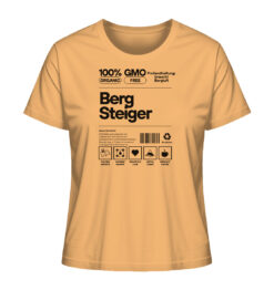Nährwerte Bergsteiger T-Shirt für Bergfreunde in gelb. Ein lustiges Berg T-Shirt zum Wandern und als Geschenk für Bergfreunde. Bio Damen T-Shirt.