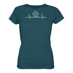 Herzschlag Hundepfote T-Shirt für Bergfreunde und Hundebesitzer in blau. Ein elegantes Damen Berg T-Shirt zum Wandern und als Geschenk für Hundefreunde. Perfekt fürs Wandern mit Hund.