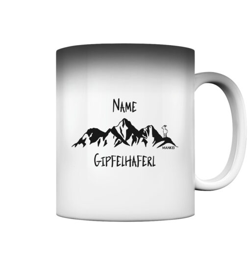 Personalisierte Zaubertasse Gipfelhaferl. Berg Tasse aus Porzellan für Bergsteiger, die Berge und Bergfreunde. Ein tolles Berg Geschenk für die Bergtour, Bergfans und Bergliebhaber. Nachhaltige Berg Geschenke und Berg Tassen hier bestellen.