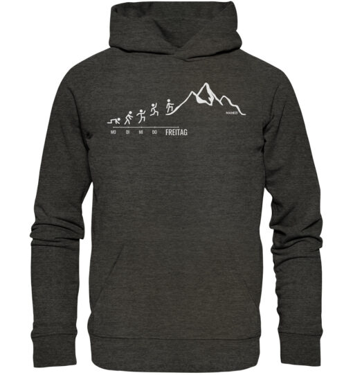 Bio Endlich Freitag Wandern Hoodie fürs Wandern, die Berge und Bergfreunde. Ein tolles Berg Geschenk für die Bergtour, Bergfans und Bergliebhaber. Nachhaltige Berg Geschenke und Berg Hoodies hier bestellen.