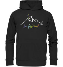 Bio Be Different Berg Hoodie fürs Wandern, die Berge und Bergfreunde. Ein tolles Berg Geschenk für die Bergtour, Bergfans und Bergliebhaber. Nachhaltige Berg Geschenke und Berg T-Shirts hier bestellen.