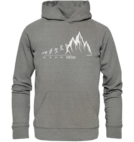 Bio Endlich Freitag Klettern Hoodie fürs Bergsteigen, die Berge und Bergfreunde. Ein tolles Berg Geschenk für die Bergtour, Bergfans und Bergliebhaber. Nachhaltige Berg Geschenke und Berg Hoodies hier bestellen.