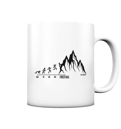 Endlich Freitag Klettern Tasse aus Porzellan für Bergsteiger, die Berge und Bergfreunde. Ein tolles Berg Geschenk für die Bergtour, Bergfans und Bergliebhaber. Nachhaltige Berg Geschenke und Berg Tassen hier bestellen.